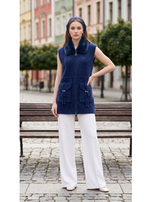 Aymiss Moda Yakası Kürklü,fermuarlı ,cepli ,aksesuarlı Yelek