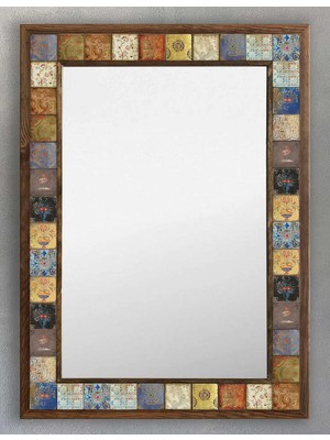 Oscar Stone Decor Ahşap Çerçeveli Mozaik (Mermer) Ayna 53X73 cm Seramik Desen-Eskitme Çiçek Vin