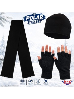 Axe Sportswear Kışlık Siyah Polar Bileği Sıkmayan Manşetli Katlamalı Rahat Kullanım Kesik Parmaksız Eldiven Atkı Bere 3'lü Set