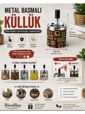 WoodBay Metal Basmalı Küllük Renkli Desenli Kapaklı Döner Mekanizmalı 12 x 7,5 cm