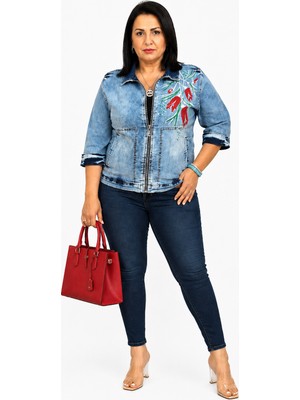 Trieste Wear Büyük Beden Fermuarlı Lale Desenli Yıkamalı Denim Kapri Kol Kadın Ceket