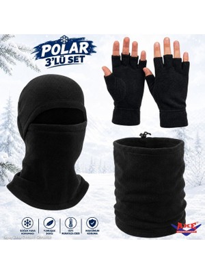 Axe Sportswear Kışlık Siyah Polar Bileği Sıkmayan Manşetli Katlamalı Rahat Kullanım Kesik Parmaksız Eldiven Kar Maskesi Boyunluk 3'lü Set
