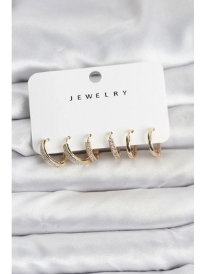 Marsilyan™- Zirkon Taşlı Gold Renk Pirinç Kadın Küpe Seti