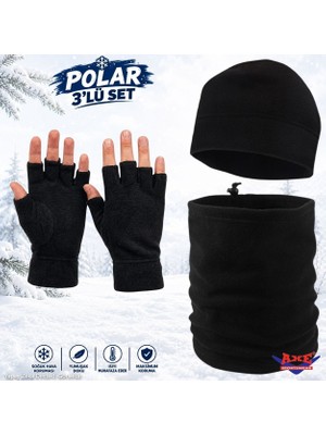 Axe Sportswear Kışlık Siyah Polar Bileği Sıkmayan Manşetli Katlamalı Rahat Kullanım Parmaksız Kesik Eldiven Bere Boyunluk 3'lü Set