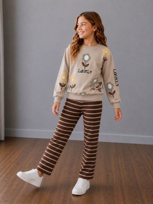 Cg Kids Çiçek Baskılı Sweatshirt ve Kahverengi Çizgili Eşofmanlı Kız Çocuk Bej&kahve Uyumu Harika Alt Üst 2'li Takım 2ip