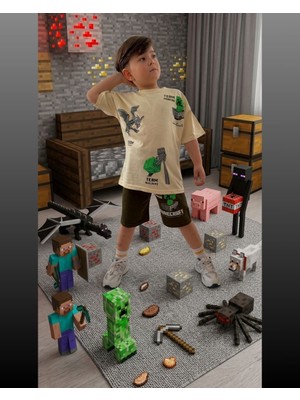 Cg Kids Minecraft Erkek Çocuk Tshirt & Şort Alt Üst Takım Süper Kalite Sırt Baskı Detay