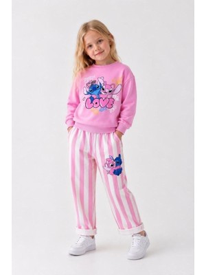 Cg Kids Love Baskılı Eşofman Çizgili Detaylı Kız Çocuk Sweatshirt & Eşofman Alt Üst Takım - Pembe