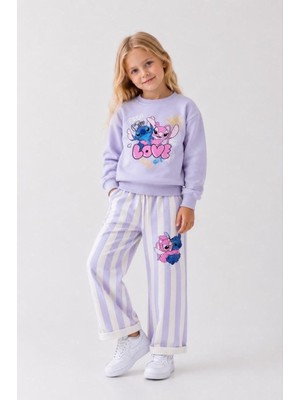 Cg Kids Love Baskılı Eşofman Çizgili Detaylı Kız Çocuk Sweatshirt & Eşofman Alt Üst Takım - Lila