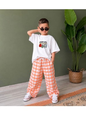 Cg Kids Camp Life Baskılı Tişört ve Ekose Pantolon  Erkek Çocuk Takımı / Turuncu