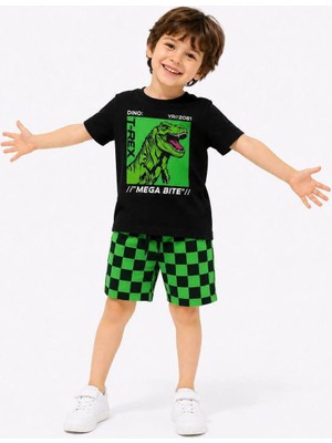 Cg Kids Dinozor Baskılı T-Shirt ve Damalı Şort Alt  Erkek Çocuk Üst Takım