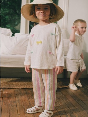 Cigit Oversize T-Shirt Pantolon Takım 2-10 Yaş Ekru Turuncu Çizgili