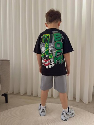 Cg Kids Minecraft Erkek Çocuk 2 Iplik Tshirt & Şort Alt Üst Takım Süper Kalite Sırt Baskı Detaylı