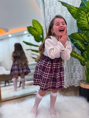 Cg Kids Ekose Askılı Jile ve Beyaz Gömlek Takım 2 Parça Kız Çocuk Şık Kombin