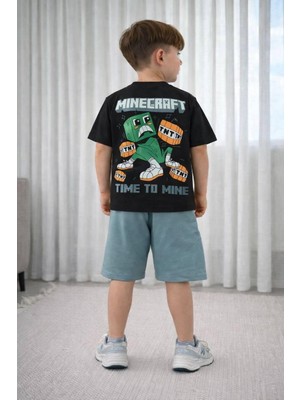 Cg Kids Minecraft Erkek Çocuk Tshirt & Şort Alt Üst Takım Süper Kalite Sırt Baskı Detay
