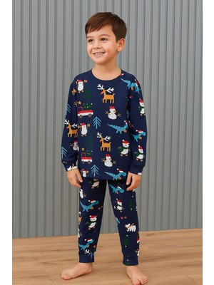 Cg Kids Noel Yılbaşı Temalı %100 Pamuk Unisex Çocuk Pijama Takımı Lacivert Geyik