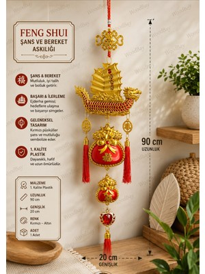 WoodBay Feng Shui Şans Bereket Askılığı Ejderha Gemili Kırmızı Püsküllü Çin Dekoru 90 cm