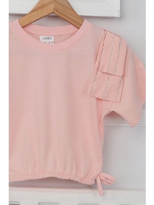Cg Kids Beyaz Tshirt Sırtta Kurdele Taşlı Dizayn Beli Lastikli Kısa Kol Kız Çocuk Üst Tshirt