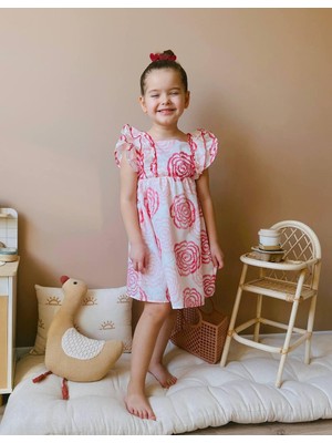 Cg Kids Pembe Pudra Renk Tonlarında Çiçek Tasarımlı Harika Keten Pamuk Elbise Kız Çocuk