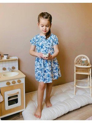 Cg Kids Mavi Çiçek Desenli Kız Çocuk Keten Elbise