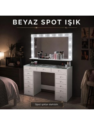 Rani BJ195 Makyaj Masası 13 Çekmeceli Cam Tablalı Takı Düzenleyici Beyaz