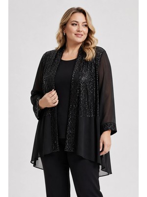 Lady Majestic Siyah Kadın Payetli-Pullu Büyük Beden Ceket-Atlet Şifon Şık Takım