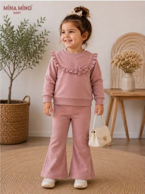 Gültekin Bebe Mina Mino Baby Ön Roba Detaylı Taş Baskılı Kız Ikili Takım 2-5 Yaş -BA463101256 - Gül Kurusu
