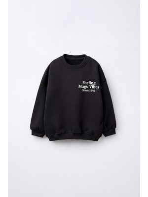 Magu Çocuk Pamuklu Minimal Yazı Baskılı Siyah Sweatshirt