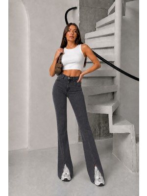 Blue Marlin Kadın Yüksek Bel Likralı Slim Fit Ön Paça Yırtmaçlı Ispanyol Paça Kadın Kot Pantolon