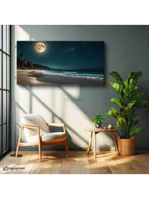 Oppanimor Yatay Panoramik Kanvas Tablo Dolunay Sahil Manzara Tablosu Ev Ofis Duvar Dekoru