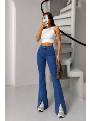 Blue Marlin Kadın Yüksek Bel Likralı Slim Fit Ön Paça Yırtmaçlı Ispanyol Paça Kadın Kot Pantolon