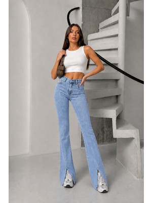 Blue Marlin Kadın Yüksek Bel Likralı Slim Fit Ön Paça Yırtmaçlı Ispanyol Paça Kadın Kot Pantolon