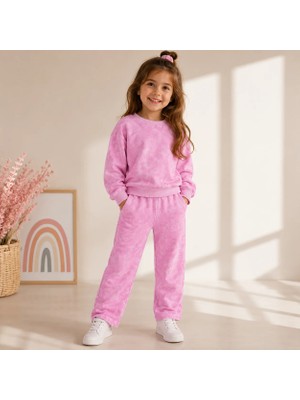 Luess Kız Çocuk Pembe Batik Yıkamalı Sweatshirt Boru Paça Eşofman Altı 2'li Takım