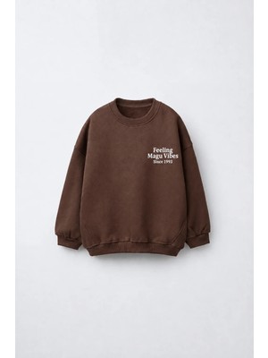 Magu Çocuk Pamuklu Minimal Yazı Baskılı Kahverengi Sweatshirt