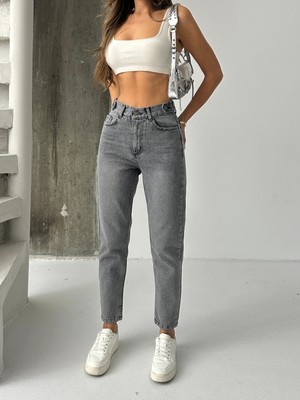 Blue Marlin Yüksek Bel Yan Kemer Apolet Detaylı Mom Jeans Kadın Pantolon