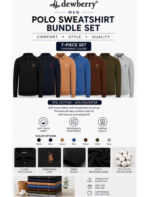 Dewberry Erkek Polo Yaka Sweatshirt 7'li Set – %70 Pamuk Nakışlı Uzun Kollu Sweat