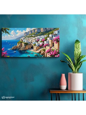 Oppanimor Yatay Panoramik Kanvas Tablo Akdeniz Sahil Kasabası Manzara Tablosu Ev Ofis Duvar Dekoru