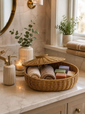 Morponi Kapaklı Oval Bambu Masaüstü Organizer - Banyo ve Ev Düzenleyici Hasır Kutusu COS-9217