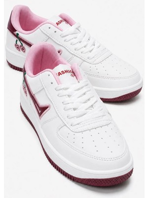 Ccway Kalp Desenli Zımbalı Cilt Kadın Spor Ayakkabı Beyaz Pembe Bordo