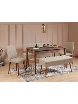 Uvi Collection Vina Açılır Mutfak Masa Takımı Ceviz Krem (1 Masa + 2 Sandalye + 1 Bench + Bank)