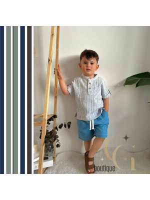 Cg Kids Hakim Yaka Gömlek Fitilli Alt Mavi Jean Kumaş Kot Şort Beli Lastikli Erkek Çocuk Alt Üst Takım