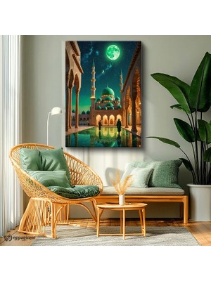 Oppanimor Dikey Kanvas Tablo Cami ve Dolunay Islam Sanatı Tablosu Ev Ofis Duvar Dekoru