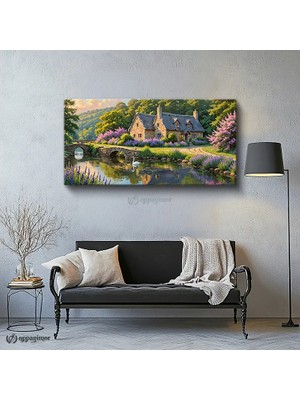 Oppanimor Yatay Panoramik Kanvas Tablo Kır Evi Doğa Manzara Tablosu Ev Ofis Duvar Dekoru