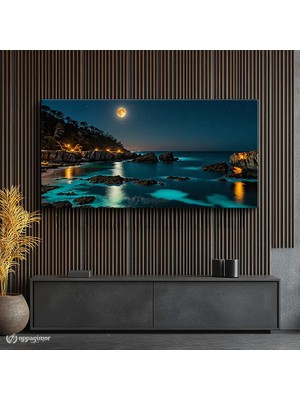 Oppanimor Yatay Panoramik Kanvas Tablo Dolunaylı Sahil Manzara Tablosu Ev Ofis Duvar Dekoru