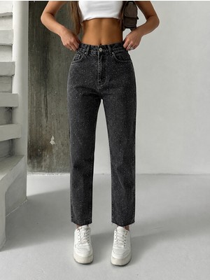 Blue Marlin Yüksek Bel Mom Jeans Paça Kesik Taş Yapıştırma Kadın Kot Pantolon