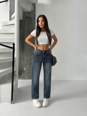 Blue Marlin Yüksek Bel Mom Jeans Ön Taş Detaylı Kadın Kot Pantolon