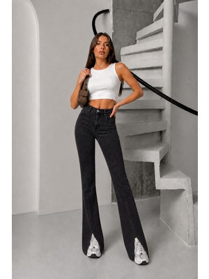 Blue Marlin Kadın Yüksek Bel Likralı Slim Fit Ön Paça Yırtmaçlı Ispanyol Paça Kadın Kot Pantolon