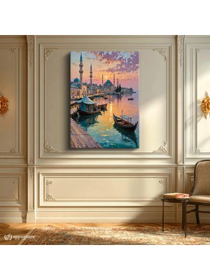 Oppanimor Dikey Kanvas Tablo Istanbul Sahil Cami ve Tekneler Şehir Mimari Tablo Ev Ofis Duvar Dekoru