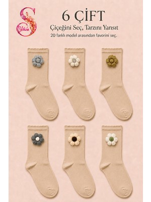 Yshine Bambu Parfümlü El Örgüsü Çiçek Detaylı Fırfırlı Kadın Soket Çorap 6 Çift Premium Set