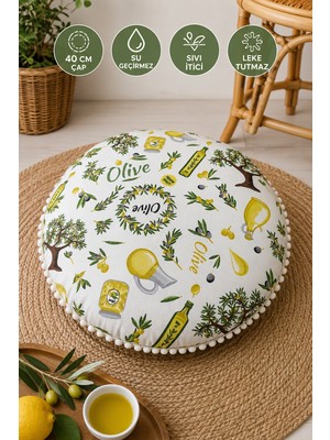 Rona Home Yuvarlak Minder 40 cm Çap Zeytin Desenli Dekoratif Minder Beyaz Ponponlu Su Geçirmez Sıvı Itici