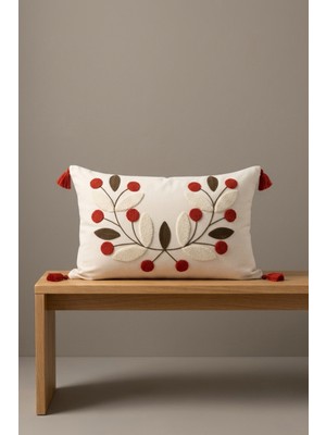 Dokuvia Tomurcuk | Botanik Dal ve Yaprak Motifli Punch Nakışlı Püsküllü Pamuk Kırlent Kılıfı 35X55 cm